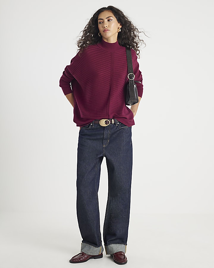 Red Knitted High Neck Ribbed Jumper
