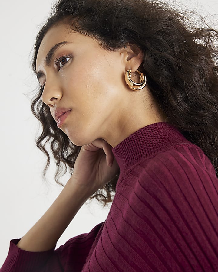 Red Knitted High Neck Ribbed Jumper