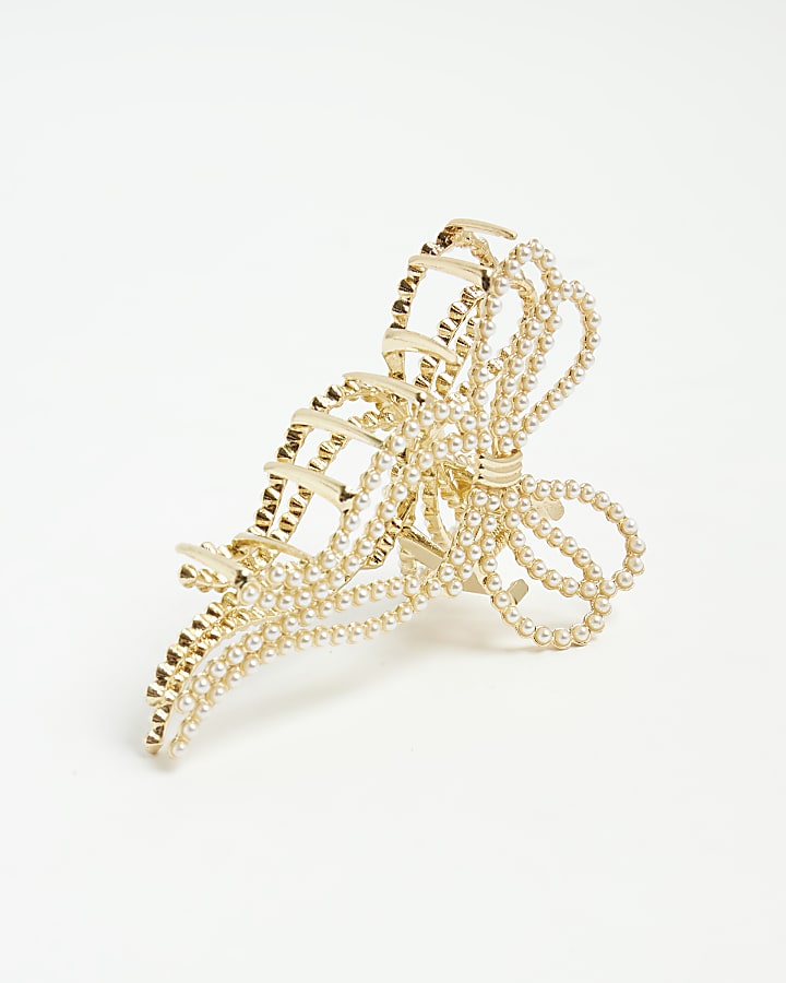 Gold Pearl Bow Claw Hair Clip