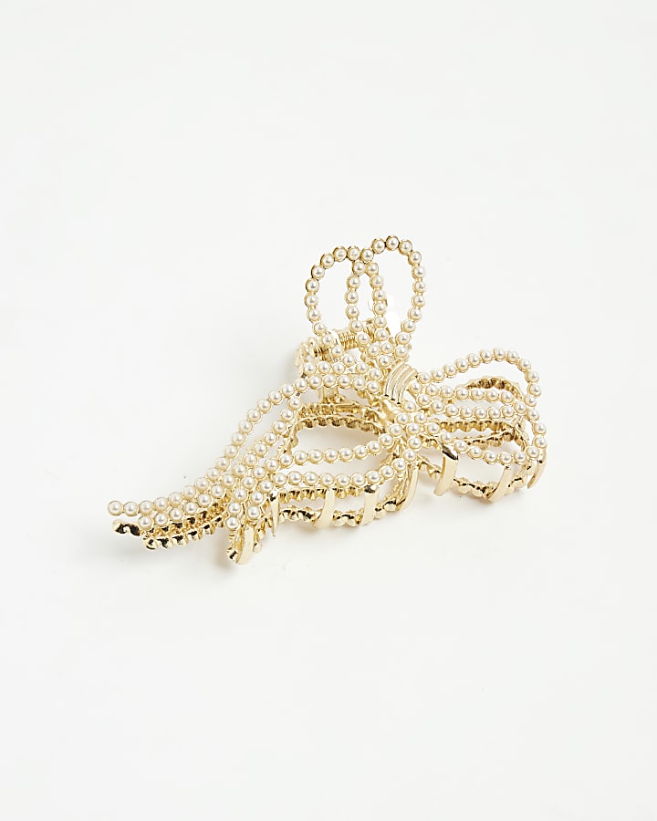 Gold Pearl Bow Claw Hair Clip