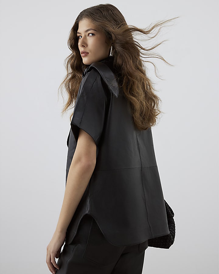RI Studio Black Leather Funnel Tie Top
