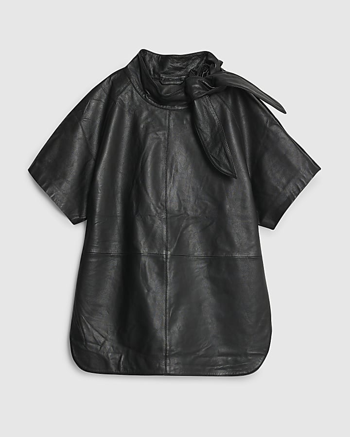 RI Studio Black Leather Funnel Tie Top