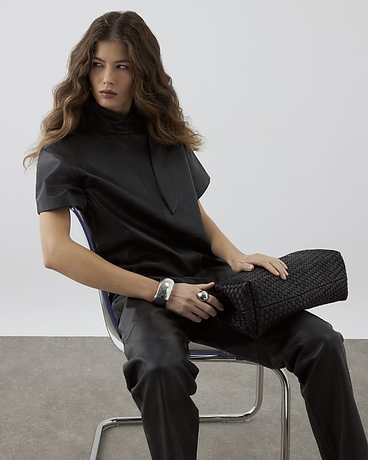 RI Studio Black Leather Funnel Tie Top