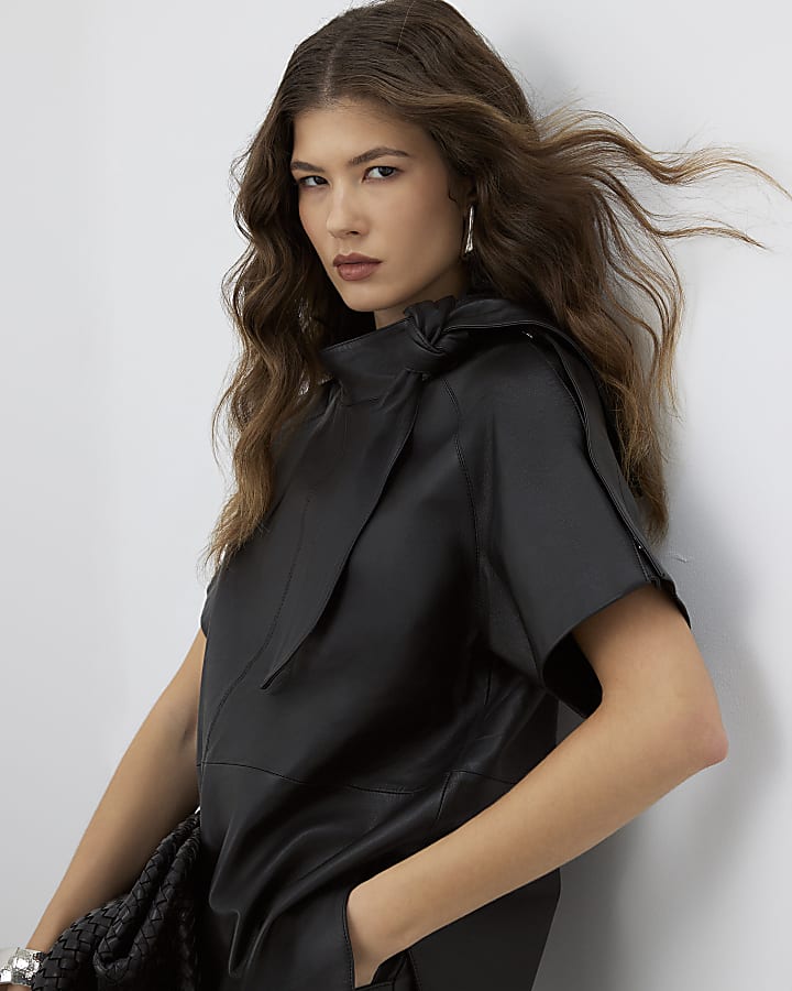 RI Studio Black Leather Funnel Tie Top