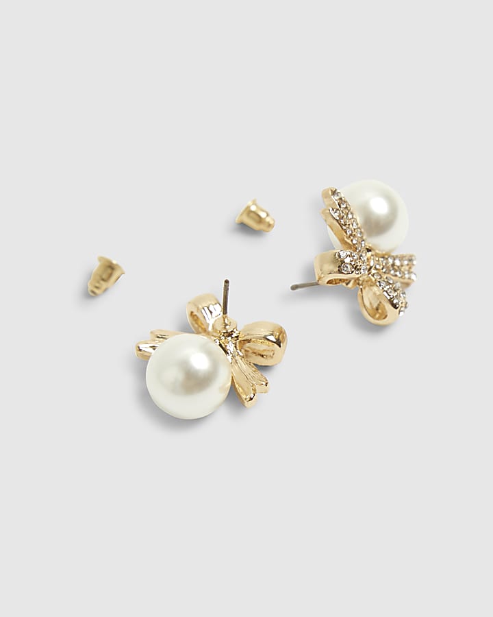 Gold Bow pearl drop earrings