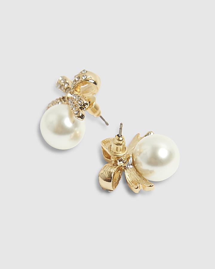 Gold Bow pearl drop earrings