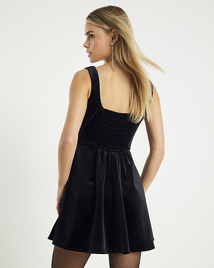 Petite Black Velvet Embellished Mini Dress