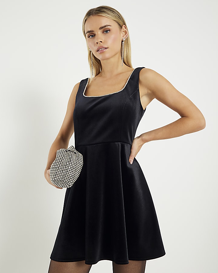 Petite Black Velvet Embellished Mini Dress
