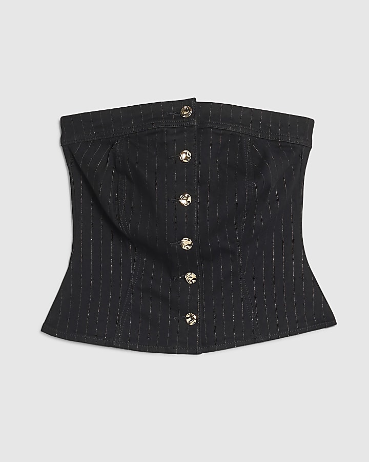 Black Denim Pinstripe Bandeau Top