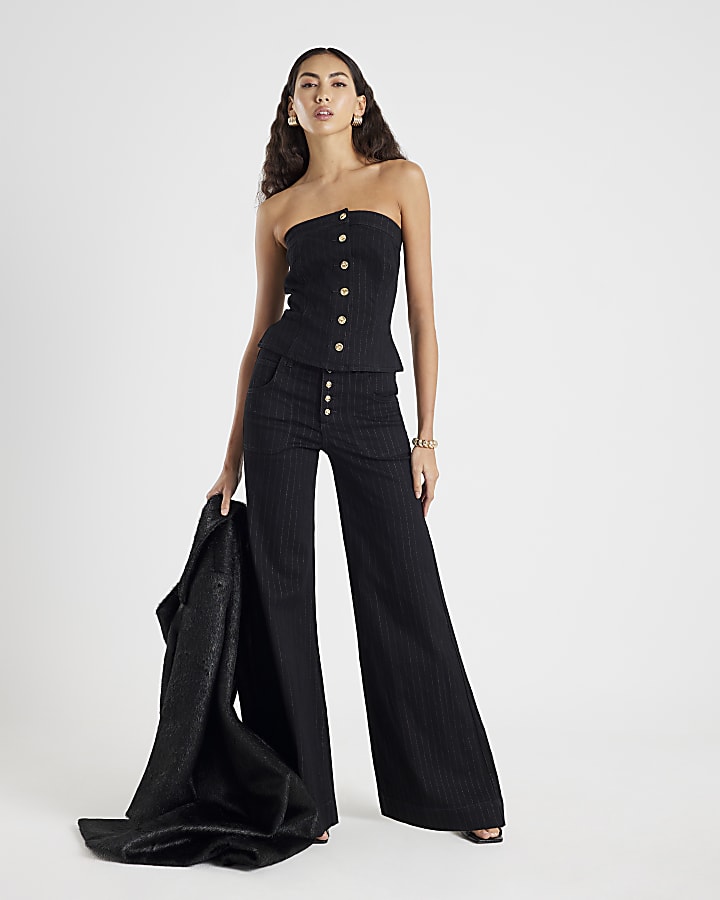 Black Denim Pinstripe Bandeau Top