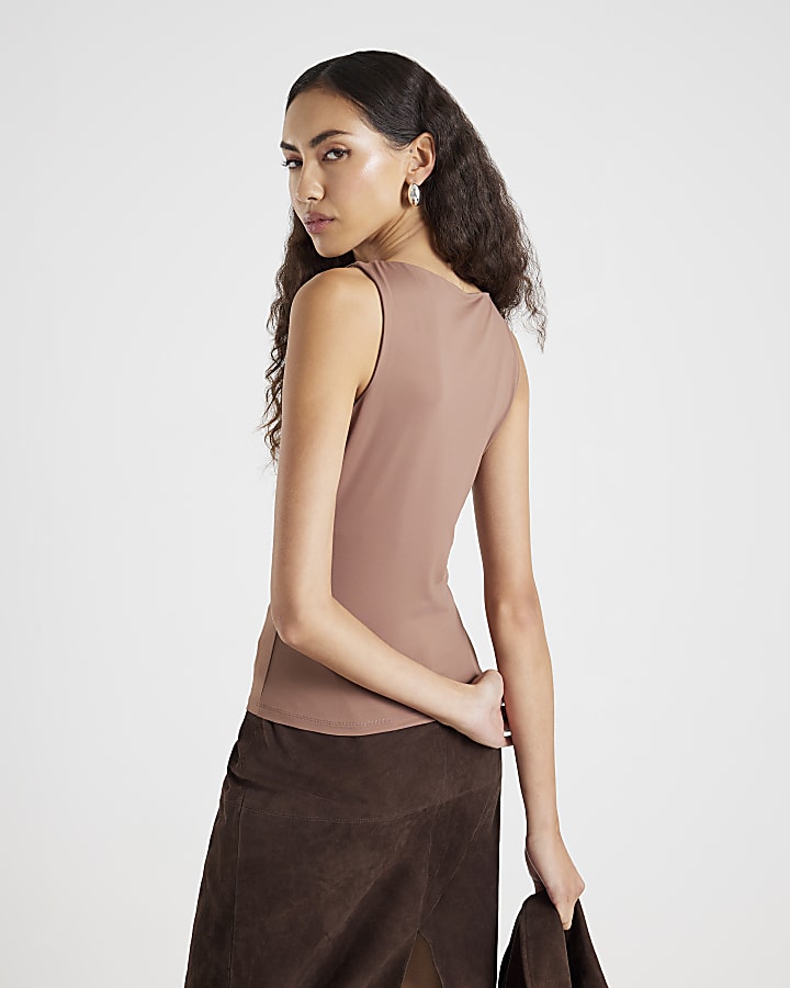 Beige Sleeveless Boat Neck Top