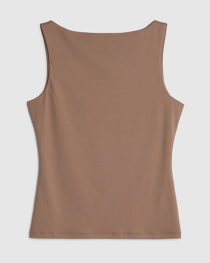 Beige Sleeveless Boat Neck Top