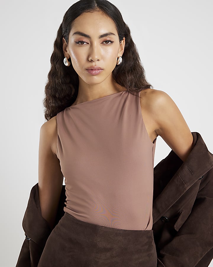 Beige Sleeveless Boat Neck Top