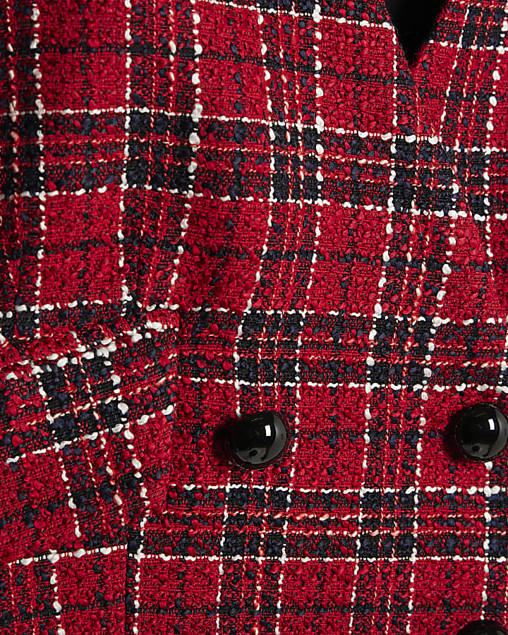 Red Tartan Crop Boucle Hybrid Blazer