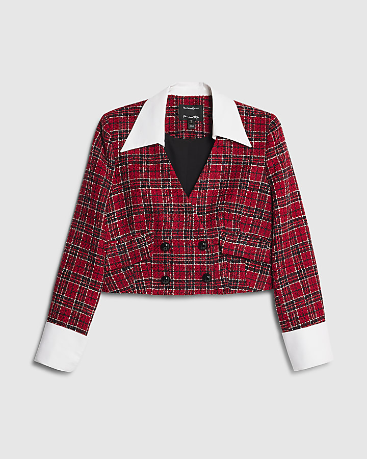 Red Tartan Crop Boucle Hybrid Blazer