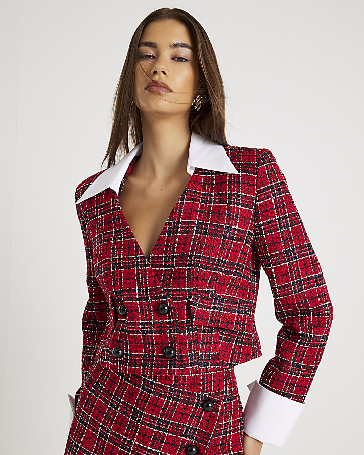 Red Tartan Crop Boucle Hybrid Blazer