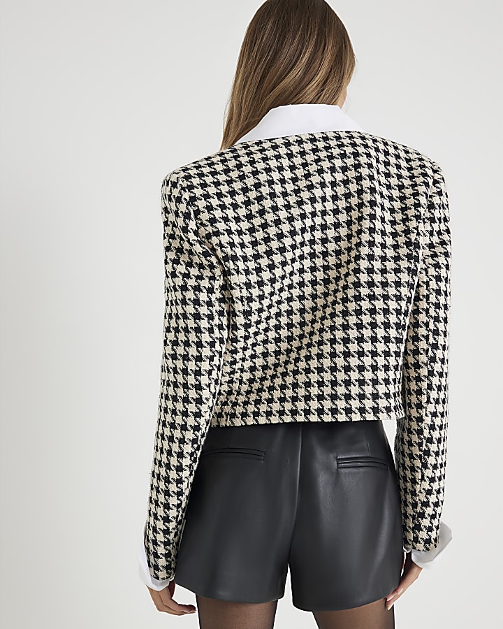 Cream Crop Dogtooth Boucle Hybrid Blazer