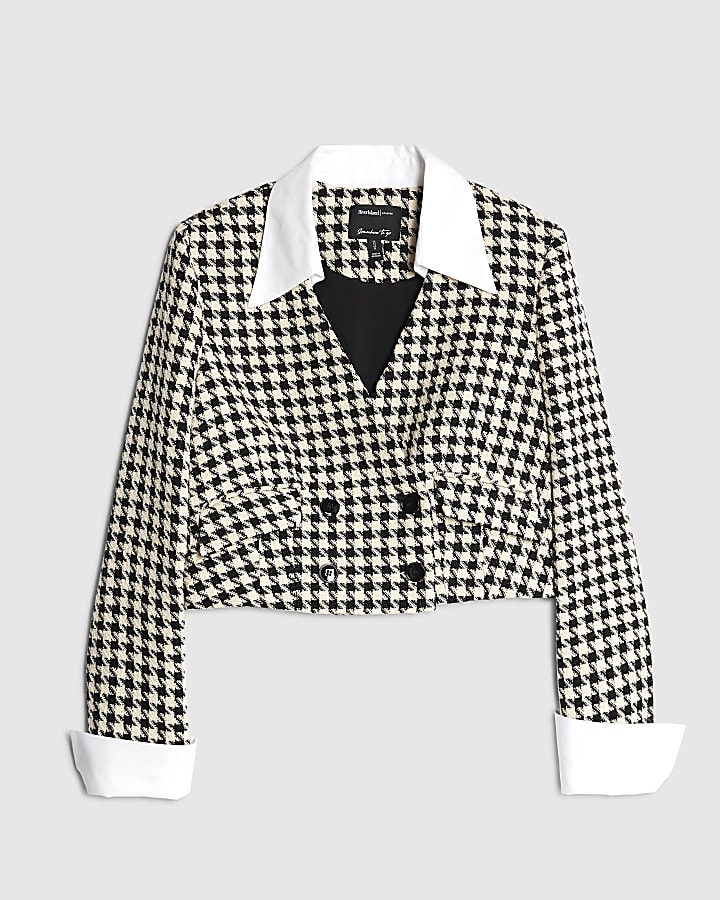 Cream Crop Dogtooth Boucle Hybrid Blazer
