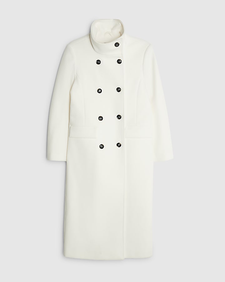 Cream Double Breasted Funnel Neck Coat
