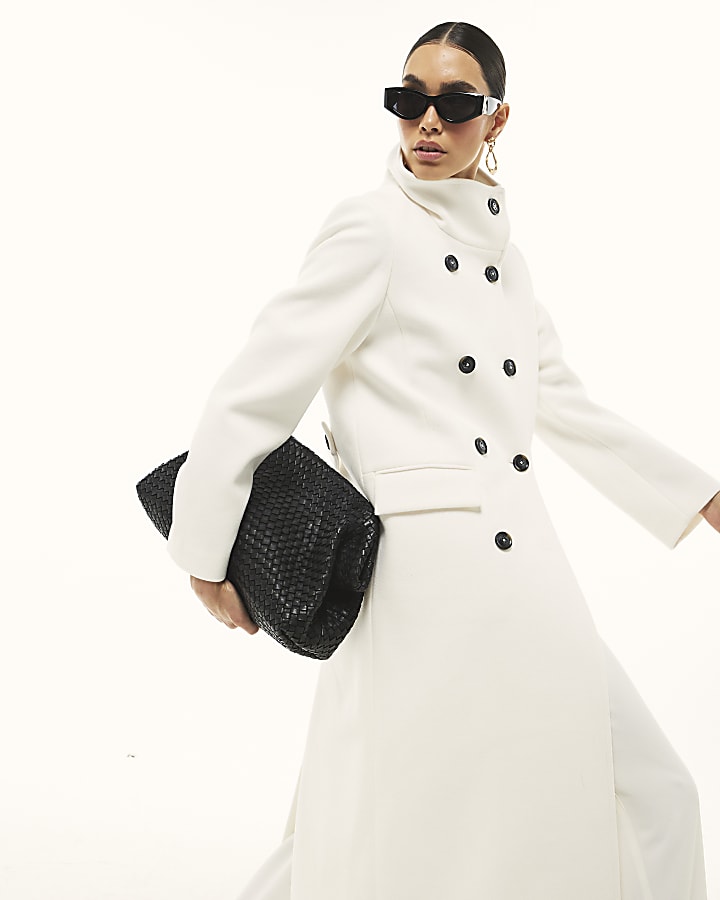 Cream Double Breasted Funnel Neck Coat