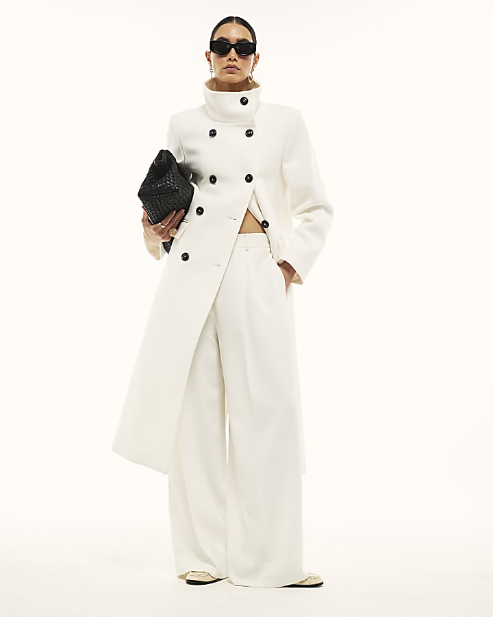 Cream Double Breasted Funnel Neck Coat