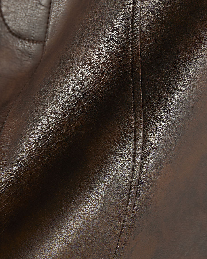 Brown Faux Leather Distressed Mini Skirt