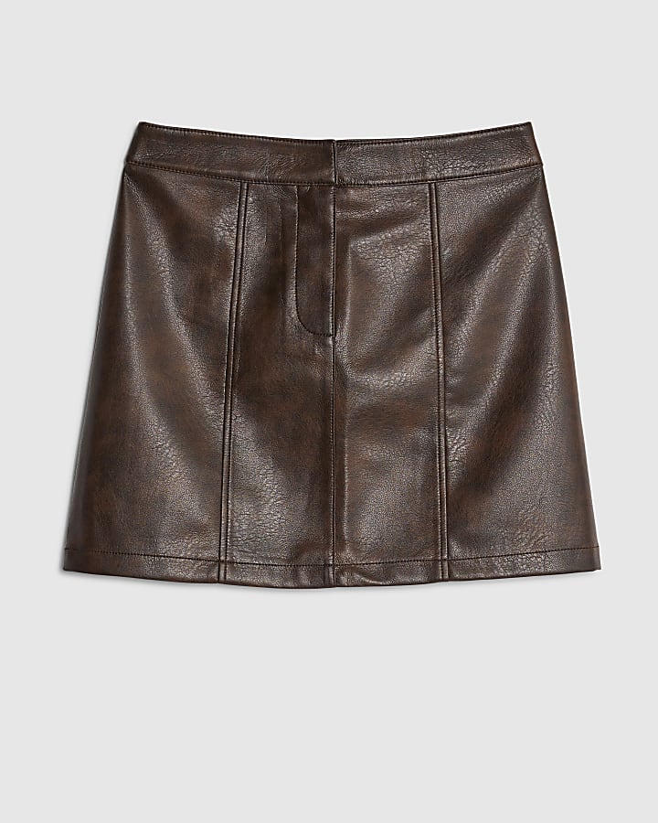 Brown Faux Leather Distressed Mini Skirt