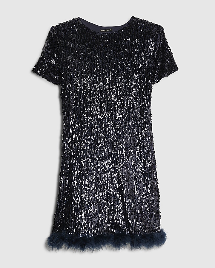 Navy Short Sleeve Sequin Mini Dress