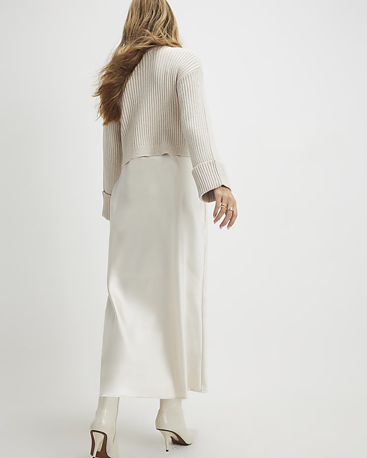 Cream Satin Hybrid Jumper Midi Dress