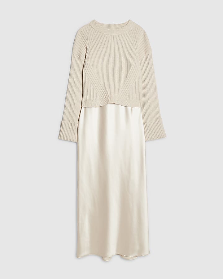 Cream Satin Hybrid Jumper Midi Dress