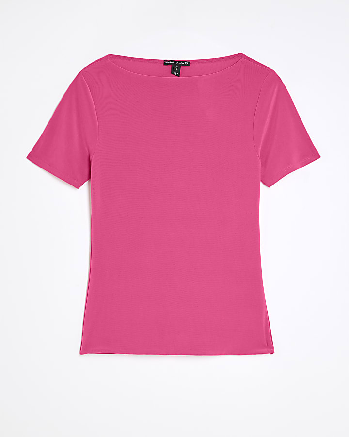 Pink Short Sleeve Boat Neck T-shirt