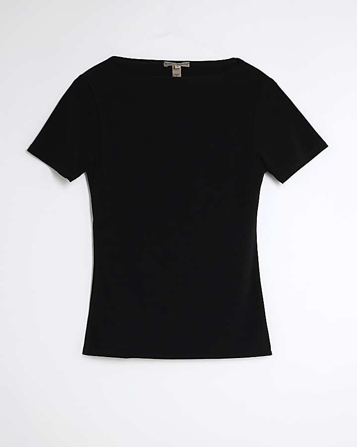 Black Short Sleeve Boat Neck T-Shirt