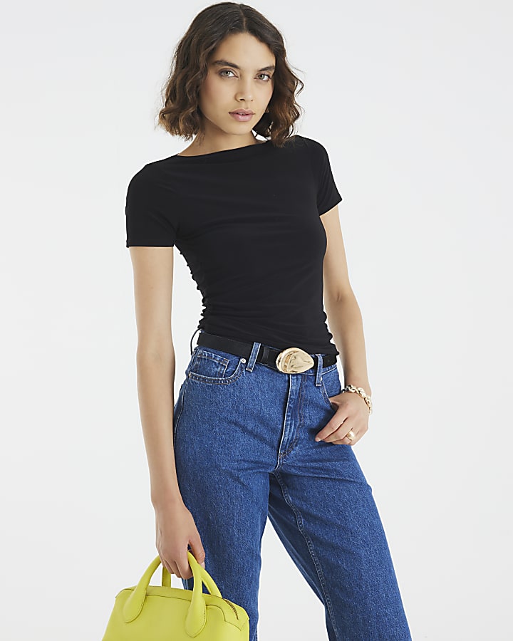 Black Short Sleeve Boat Neck T-Shirt