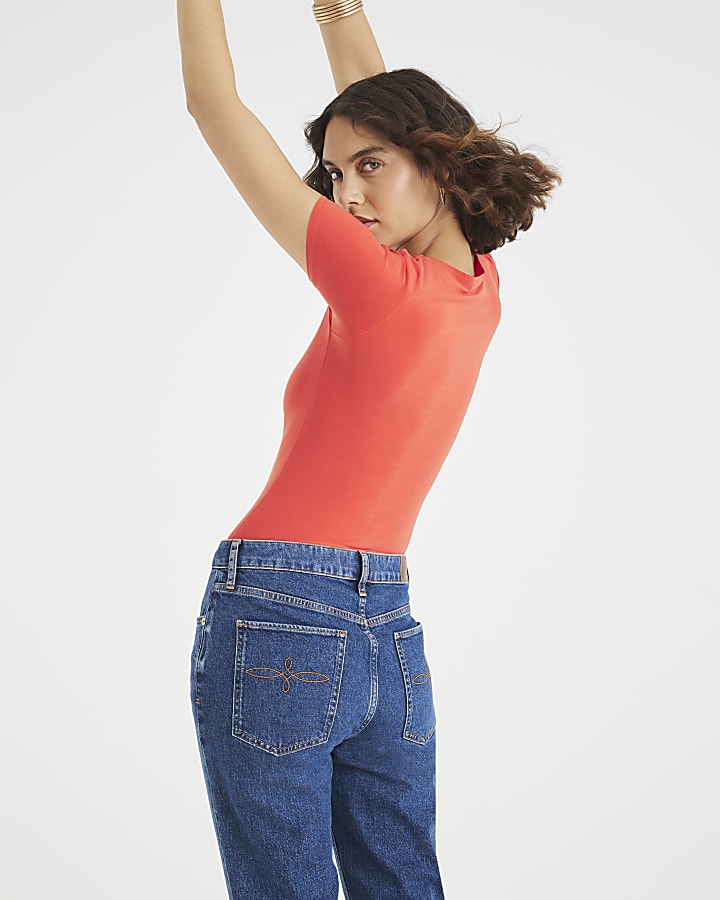 Orange Short Sleeve Square Neck Top