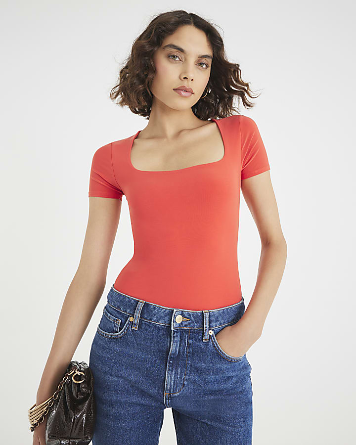 Orange Short Sleeve Square Neck Top