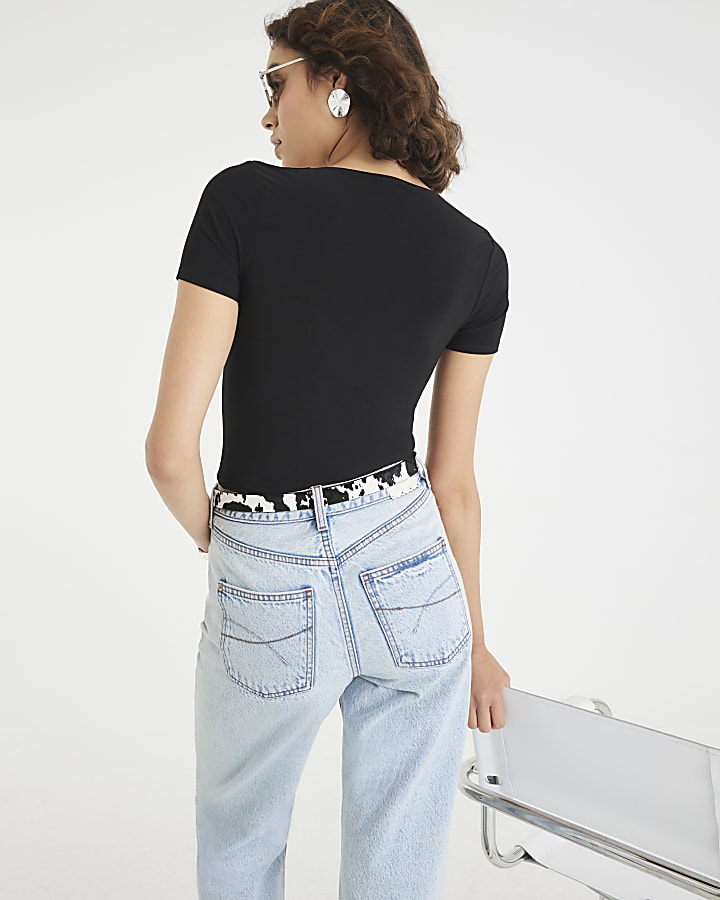 Black Short Sleeve Square Neck Top