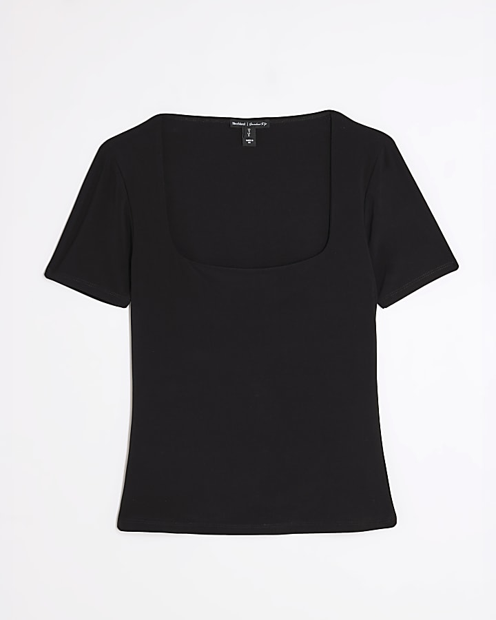 Black Short Sleeve Square Neck Top