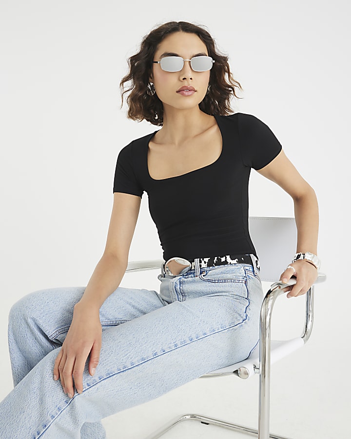 Black Short Sleeve Square Neck Top