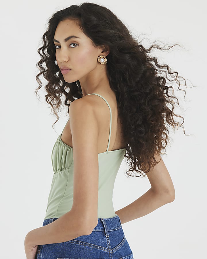 Green Sleeveless Corset Detail Bodysuit