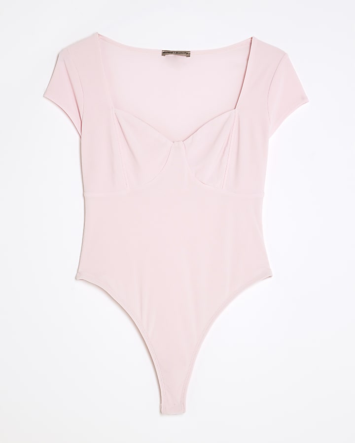 Pink Short Sleeve Corset Detail Bodysuit