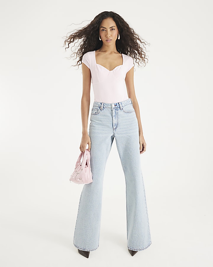 Pink Short Sleeve Corset Detail Bodysuit