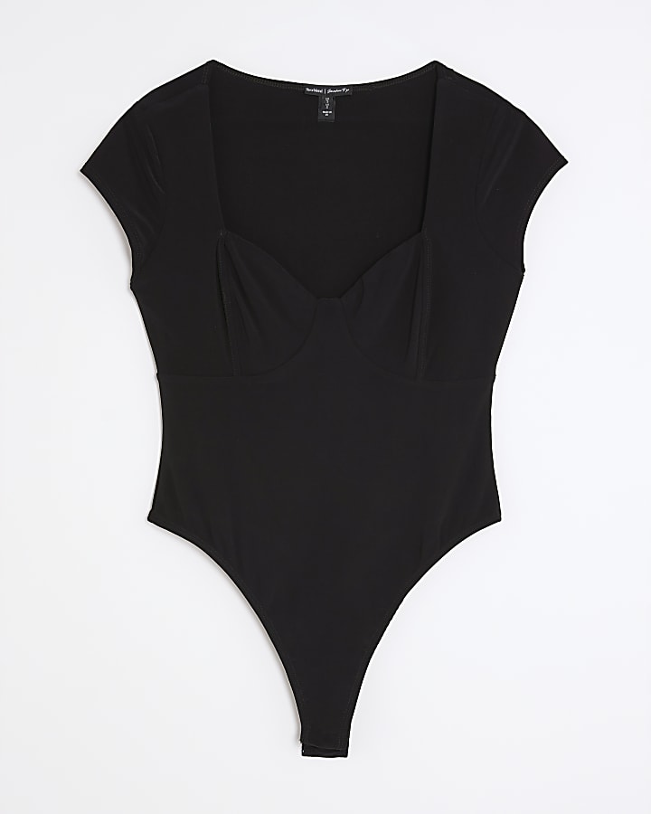 Black Short Sleeve Corset Detail Bodysuit