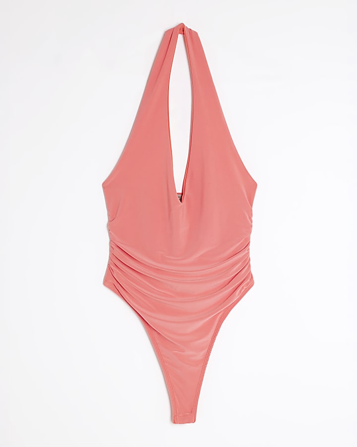 Coral Sleeveless Plunge Halter Neck Bodysuit
