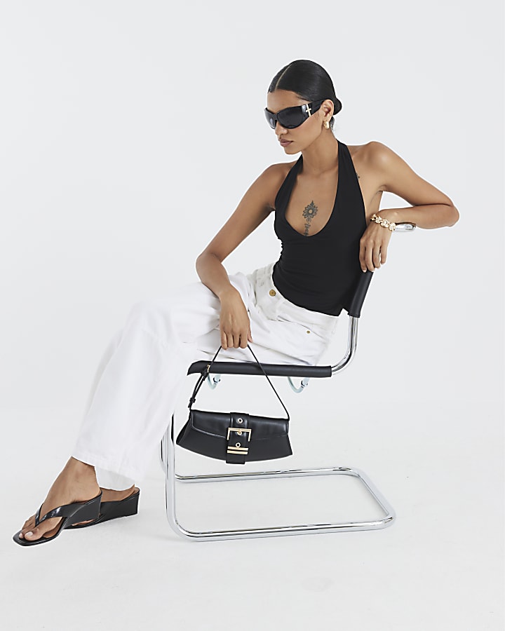 Black Sleeveless Plunge Halter Neck Bodysuit
