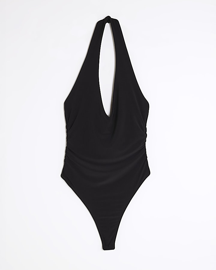 Black Sleeveless Plunge Halter Neck Bodysuit
