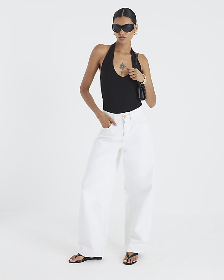 Black Sleeveless Plunge Halter Neck Bodysuit