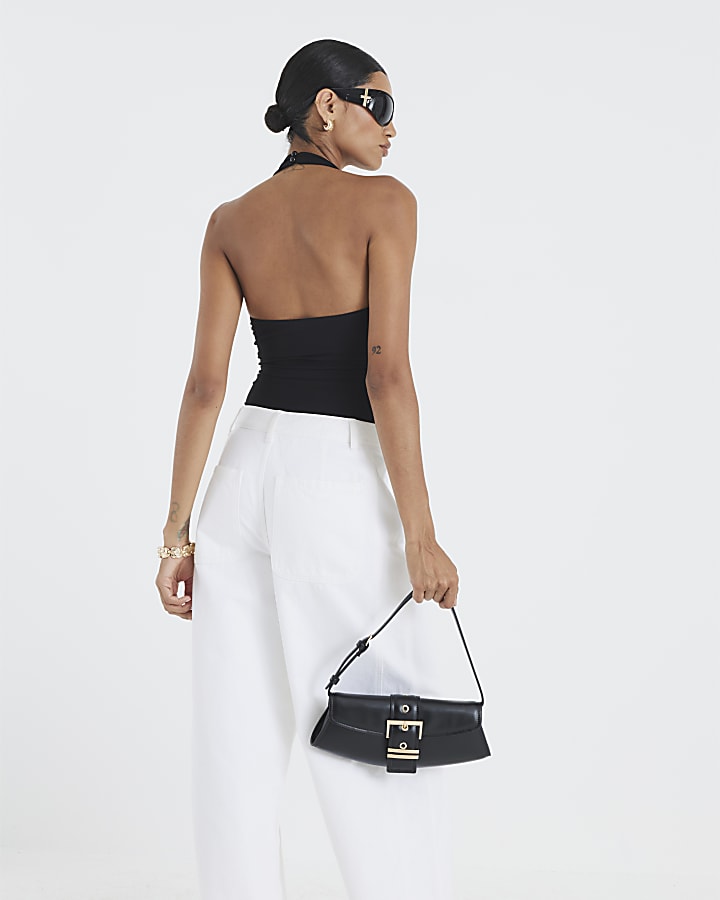 Black Sleeveless Plunge Halter Neck Bodysuit