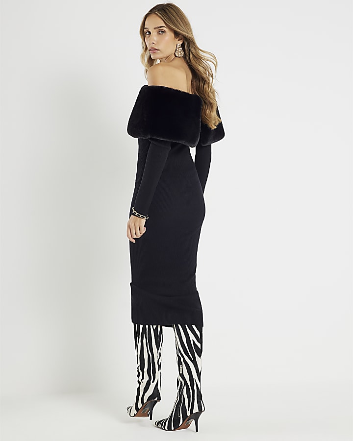 Black Faux Fur Trim Bardot Midi Dress