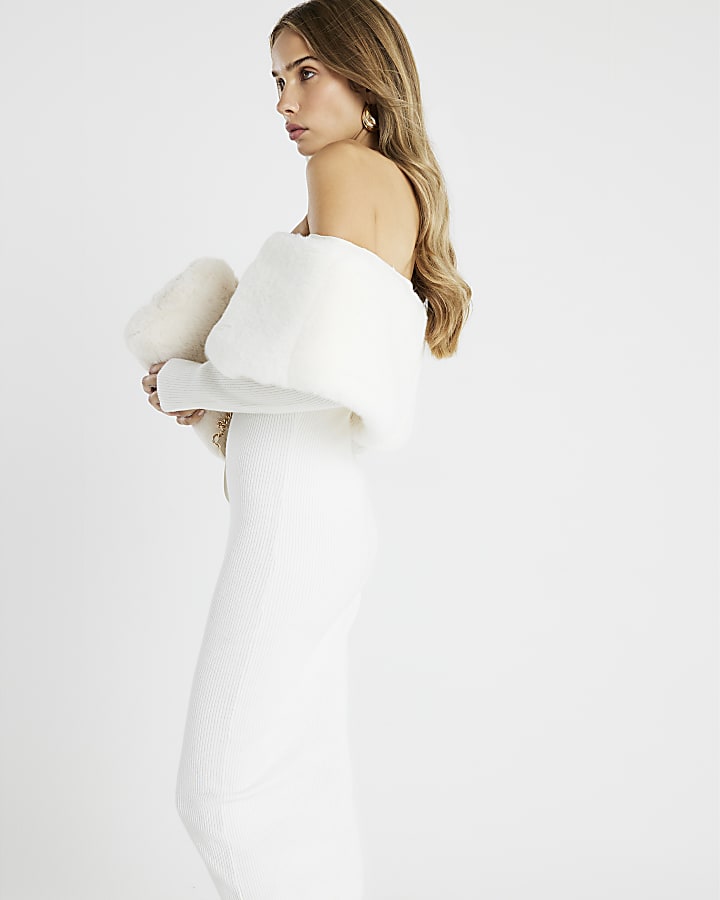 Cream Faux Fur Trim Bardot Midi Dress