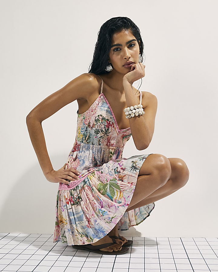 Pink Floral Shirred Mini Beach Dress